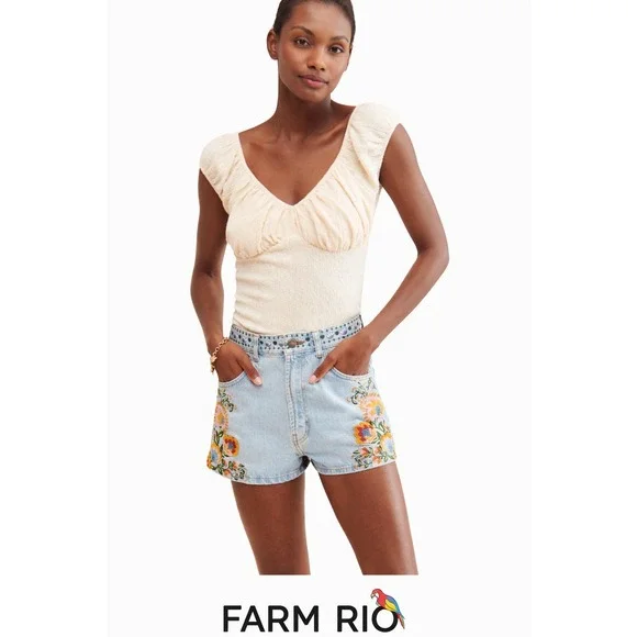 Farm Rio Denim Blue Summer Garden Embroidered Denim Shorts - Picture 2 of 7